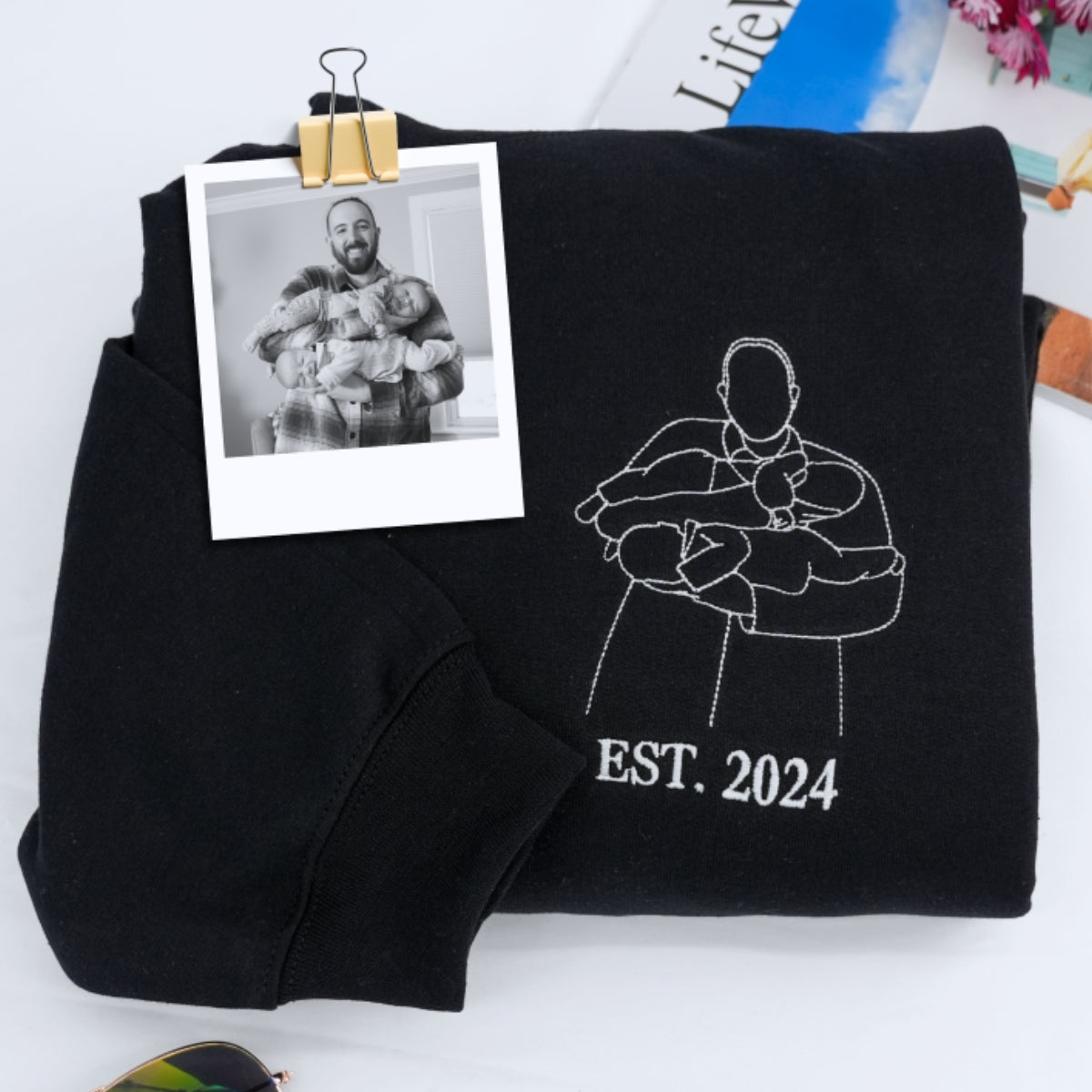Dad EST Custom Embroidered Hoodie - New Father Photo Line Art - Personalized Father's Day Gift