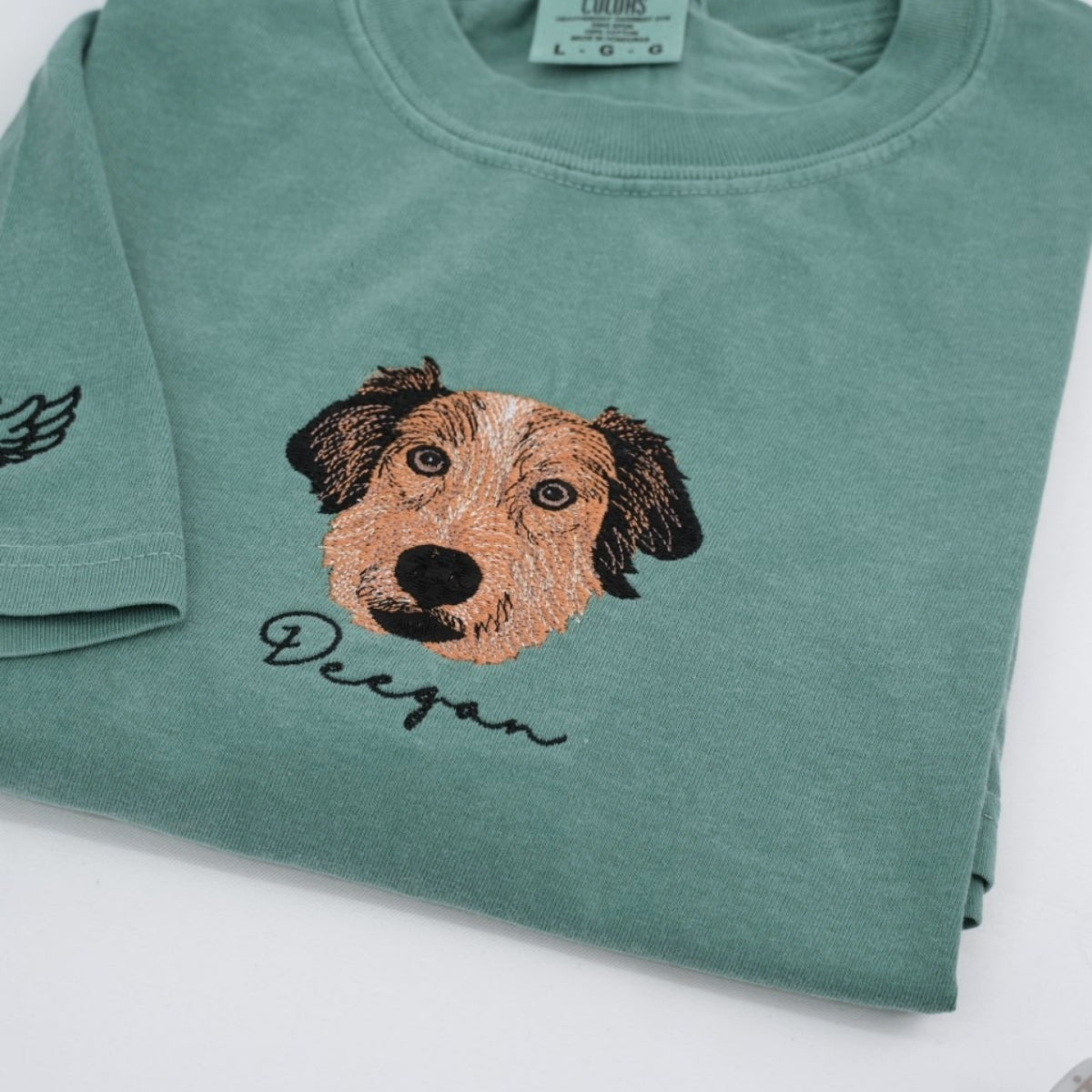 Custom Dog Portrait Embroidered T-Shirt - Personalized Pet Face with Name - Dog Memorial Gift