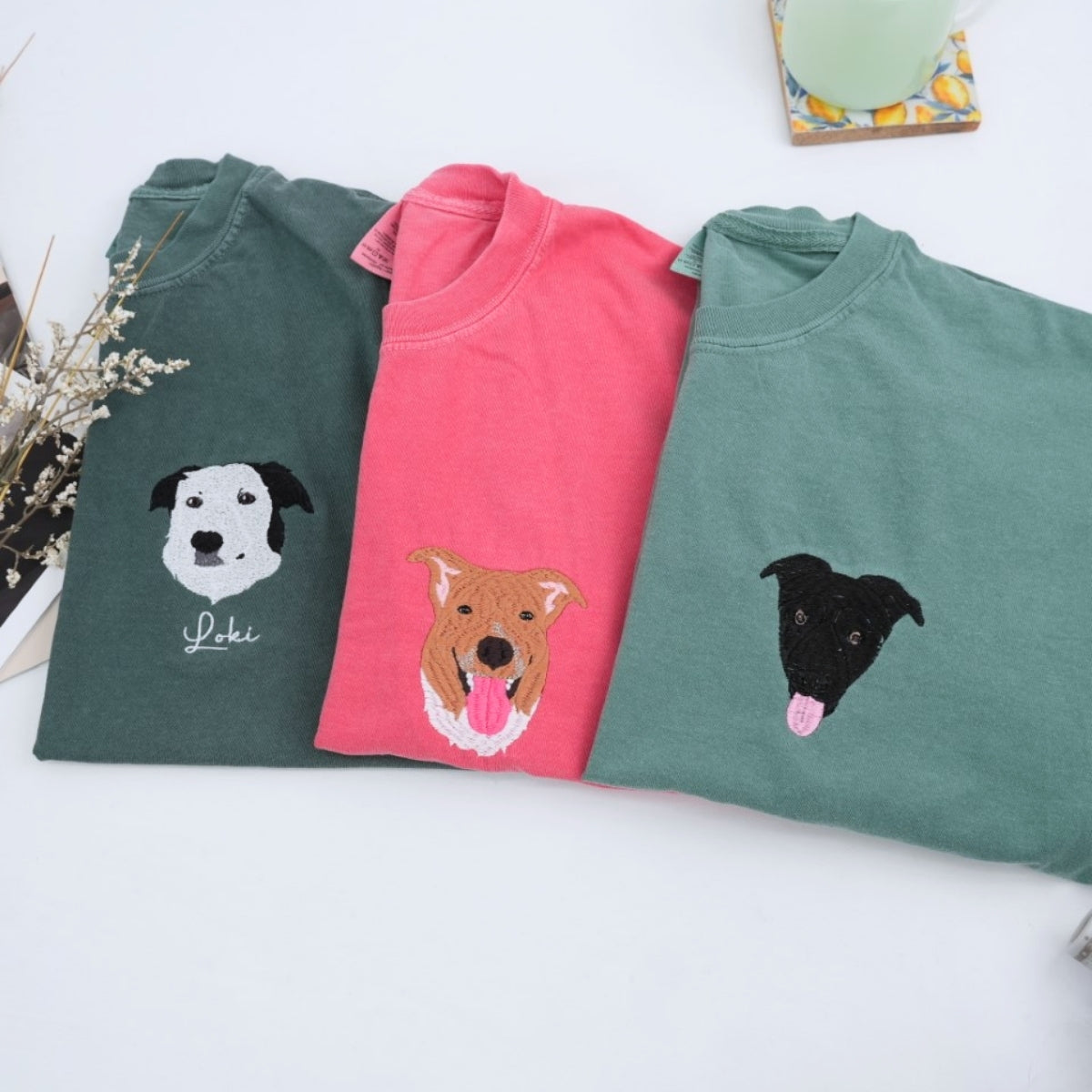 Custom Dog Portrait Embroidered T-Shirt - Personalized Pet Face with Name - Dog Memorial Gift