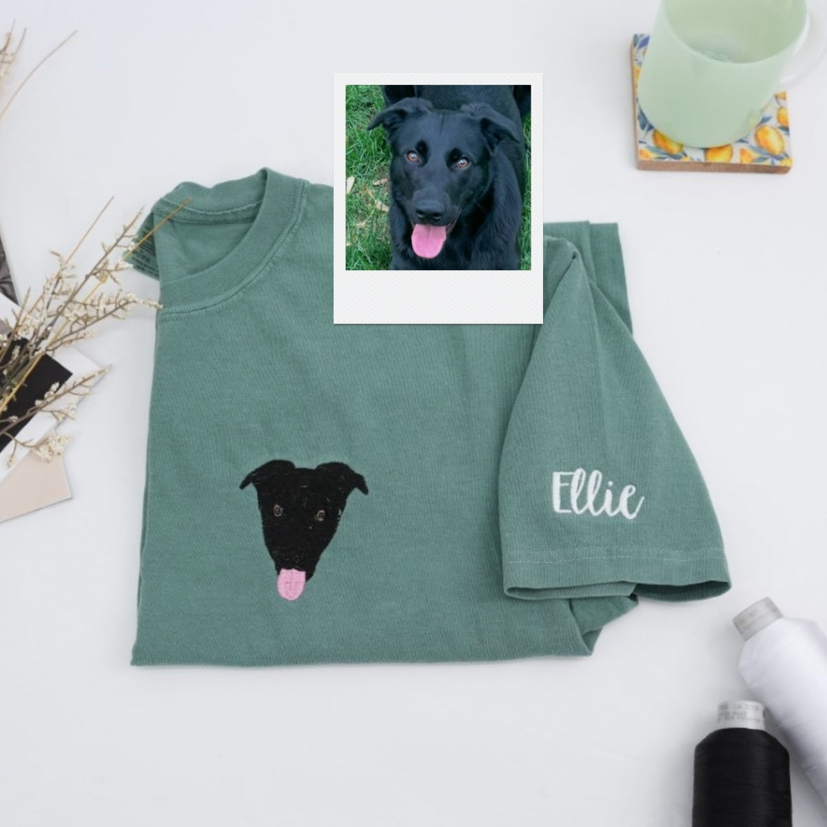 Custom Dog Portrait Embroidered T-Shirt - Personalized Pet Face with Name - Dog Memorial Gift