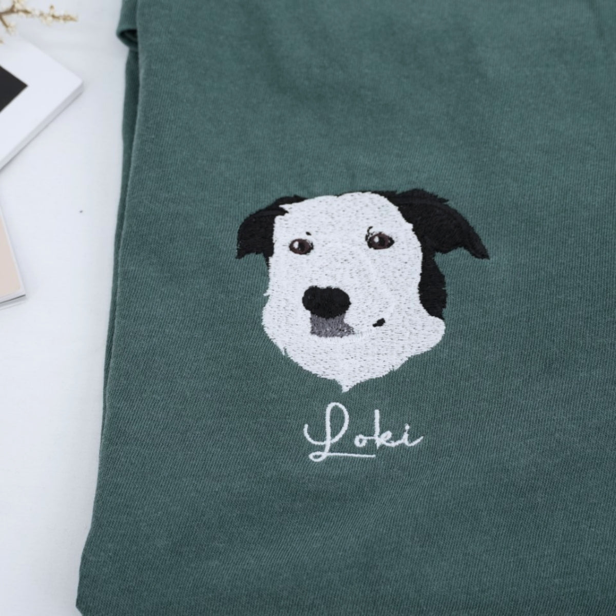 Custom Dog Portrait Embroidered T-Shirt - Personalized Pet Face with Name - Dog Memorial Gift
