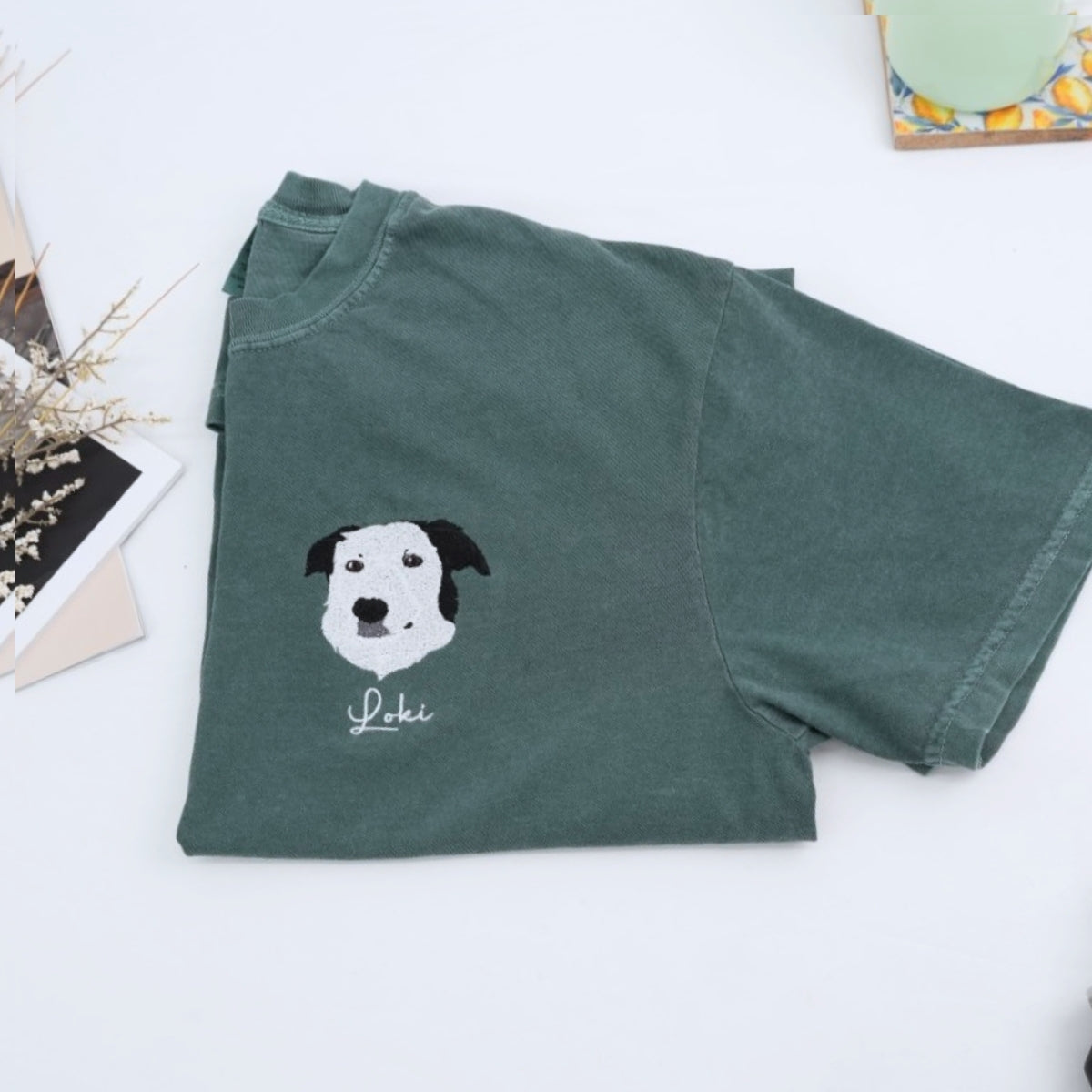 Custom Dog Portrait Embroidered T-Shirt - Personalized Pet Face with Name - Dog Memorial Gift