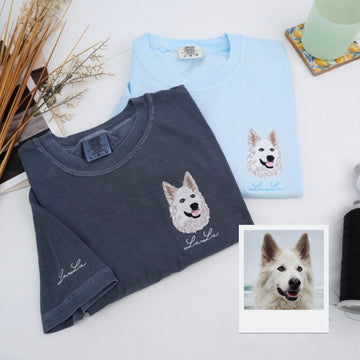 Custom Dog Portrait Embroidered T-Shirt - Pet Face with Name on Sleeve - Personalized Dog Lover Gift