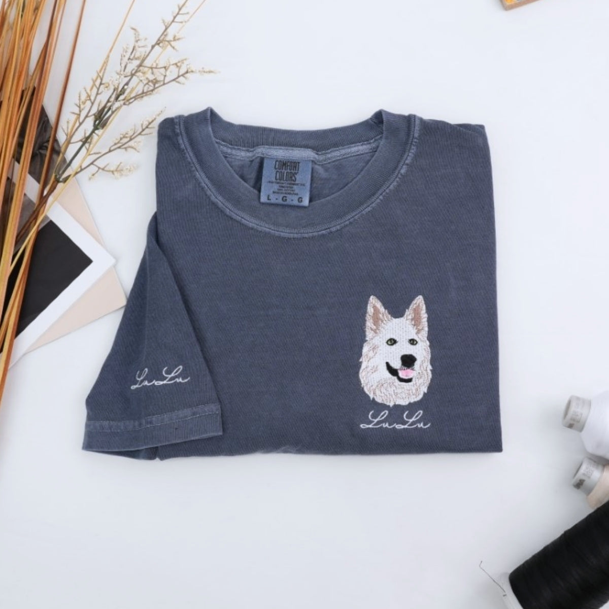 Custom Dog Portrait Embroidered T-Shirt - Pet Face with Name on Sleeve - Personalized Dog Lover Gift