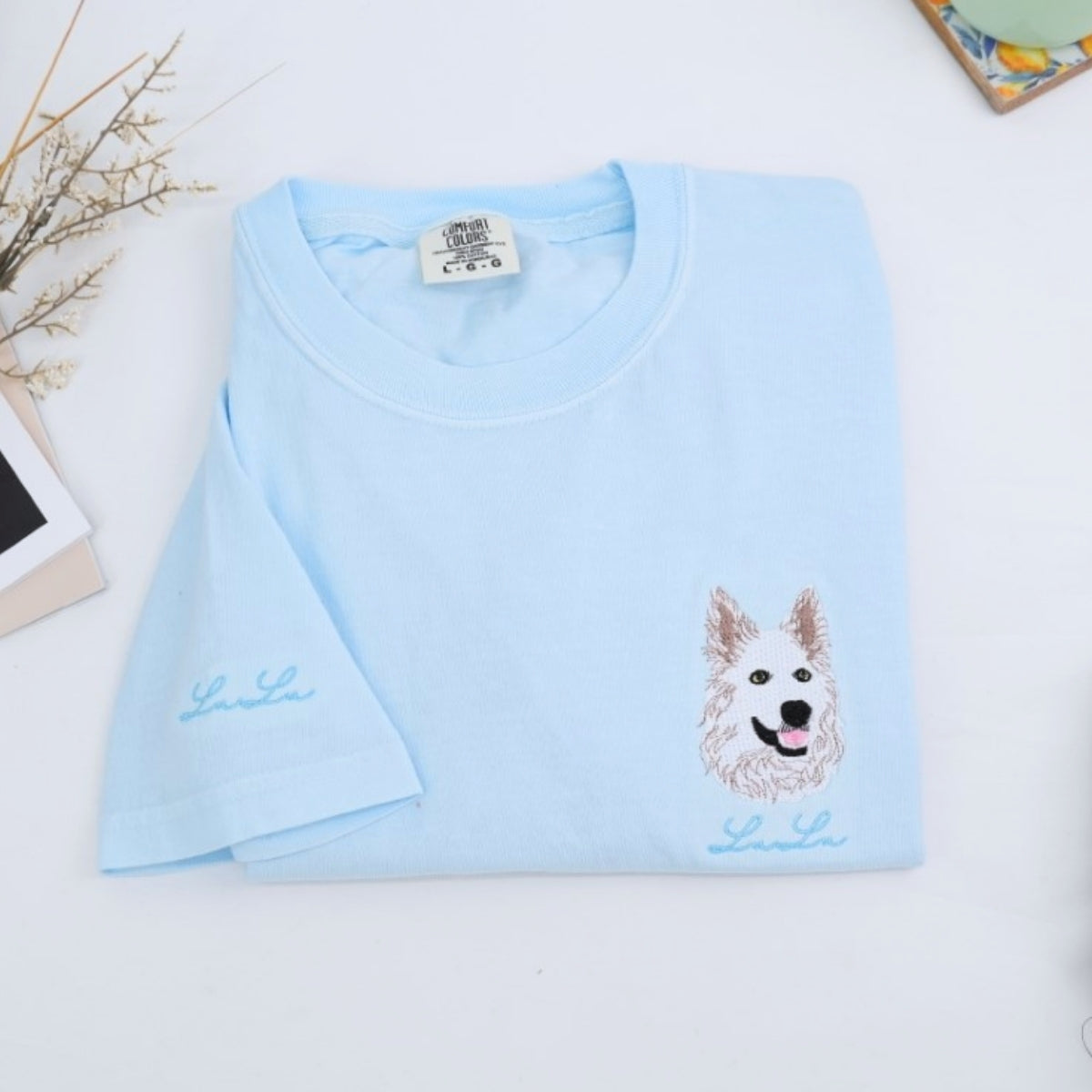 Custom Dog Portrait Embroidered T-Shirt - Pet Face with Name on Sleeve - Personalized Dog Lover Gift
