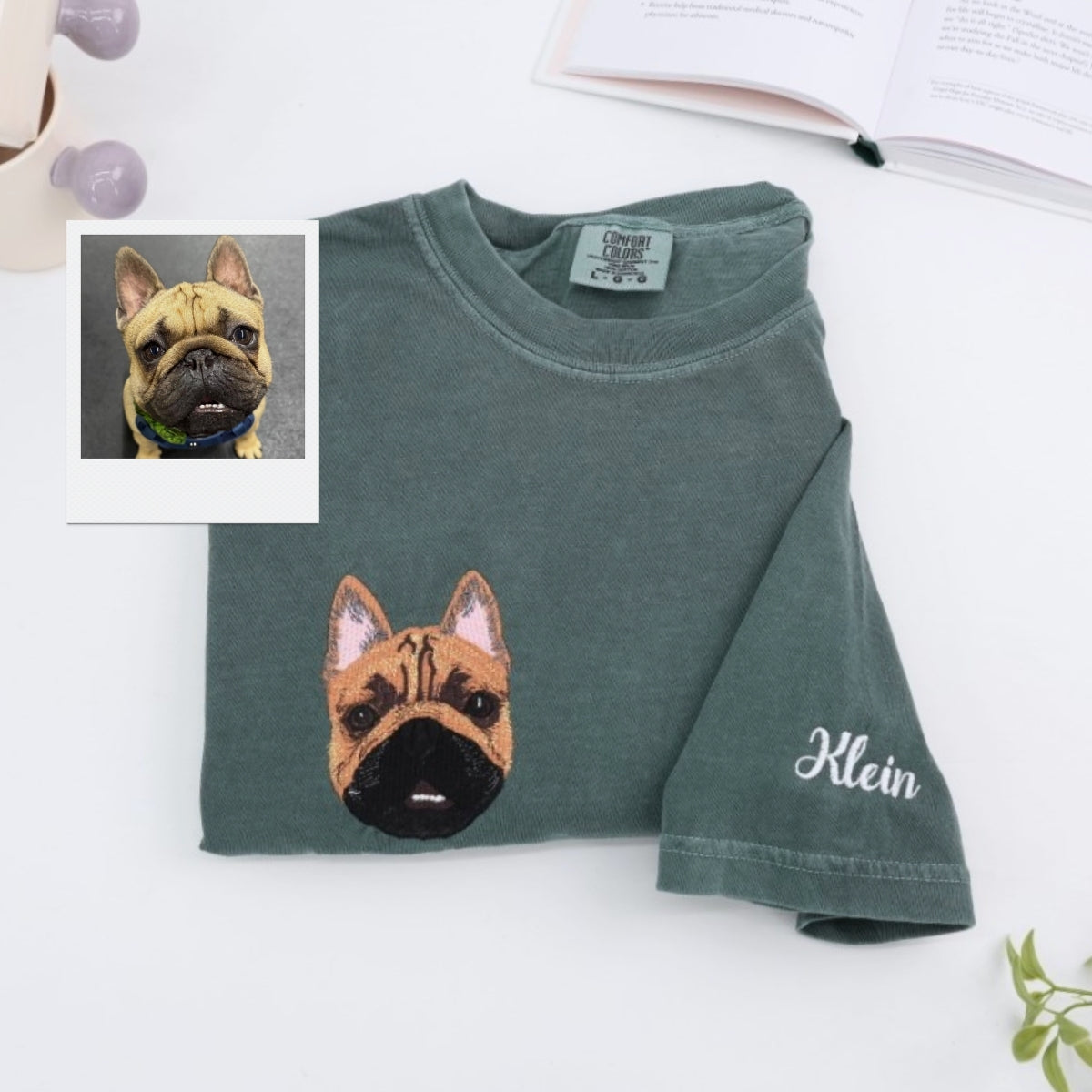 Custom Dog Portrait Embroidered T-Shirt - Pet Face with Name on Sleeve - Personalized Dog Lover Gift