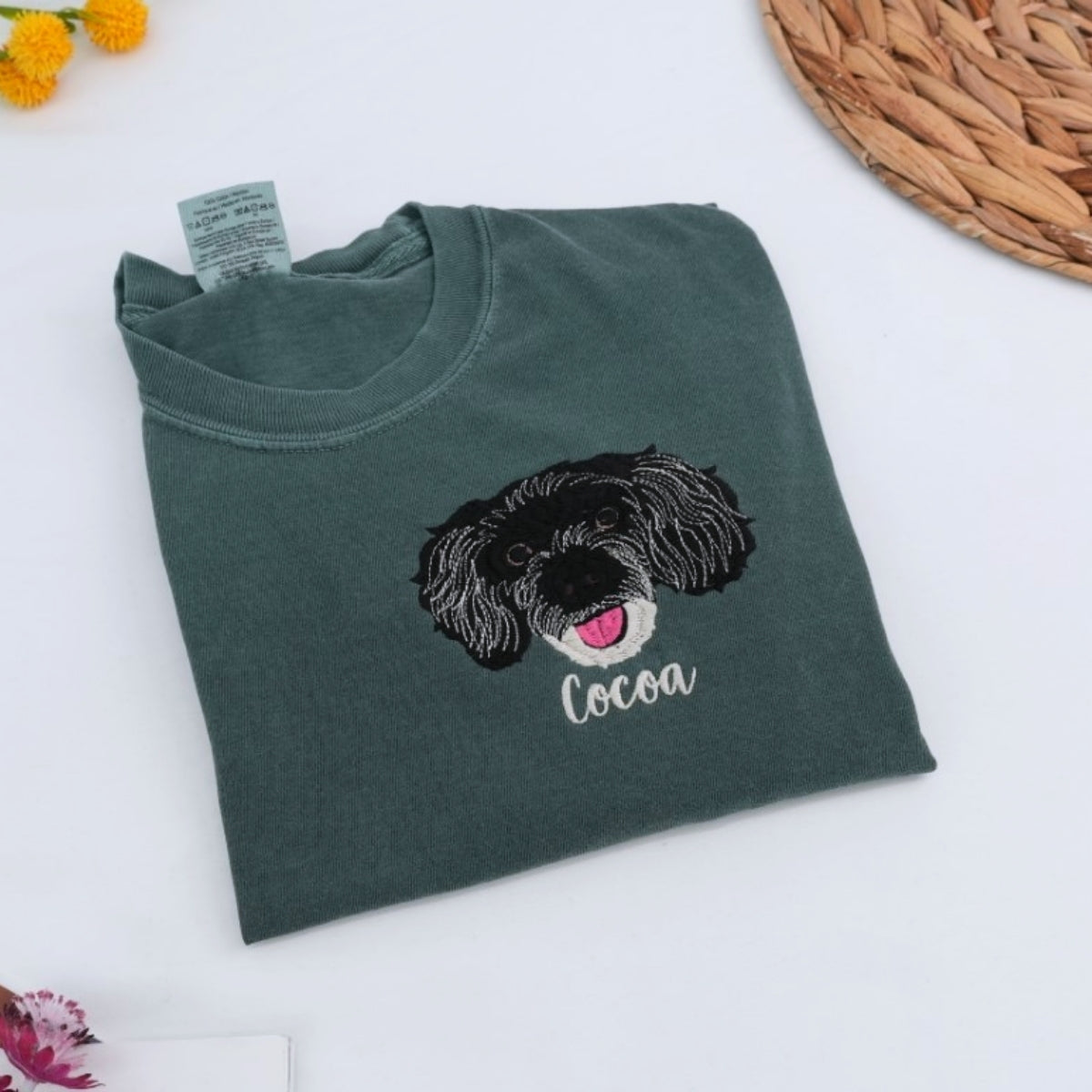 Custom Dog Portrait Embroidered T-Shirt - Photo to Pet Face with Name - Personalized Dog Lover Gift