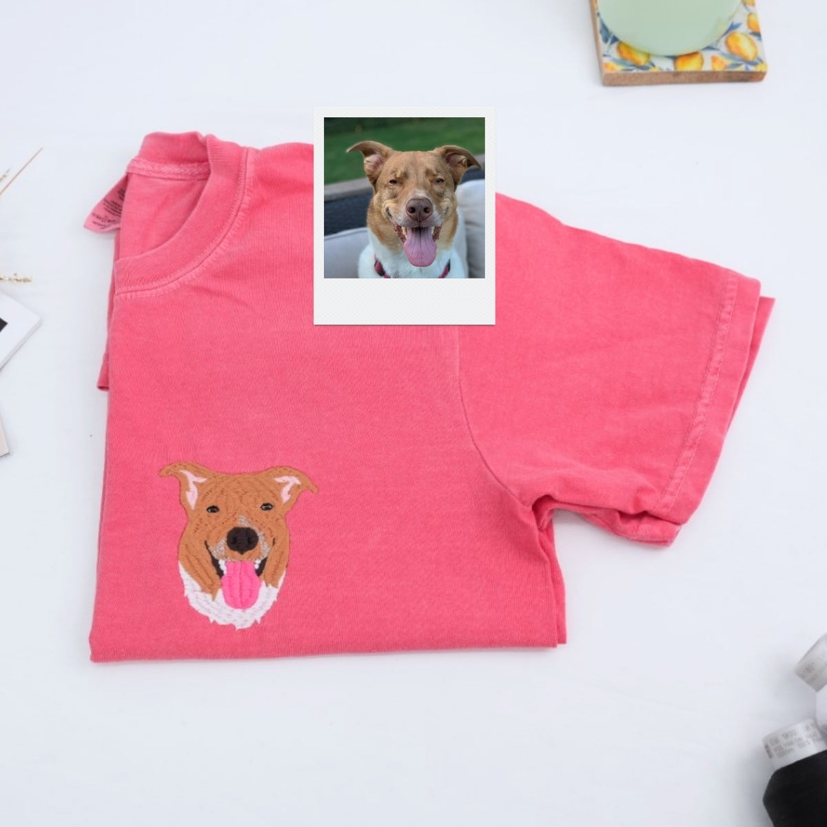 Custom Dog Portrait Embroidered T-Shirt - Photo to Pet Face with Name - Personalized Dog Lover Gift