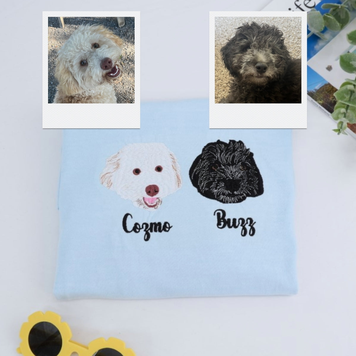Custom Dog Portrait Embroidered T-Shirt - Photo to Pet Face with Name - Personalized Dog Lover Gift