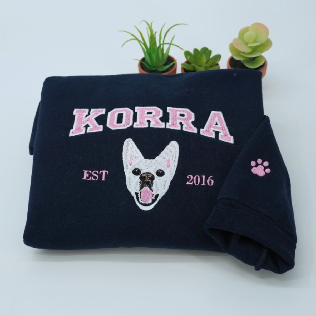 Custom Dog Portrait Embroidered Varsity Hoodie - Personalized Dog Name Sweatshirt - Dog Mom Gift