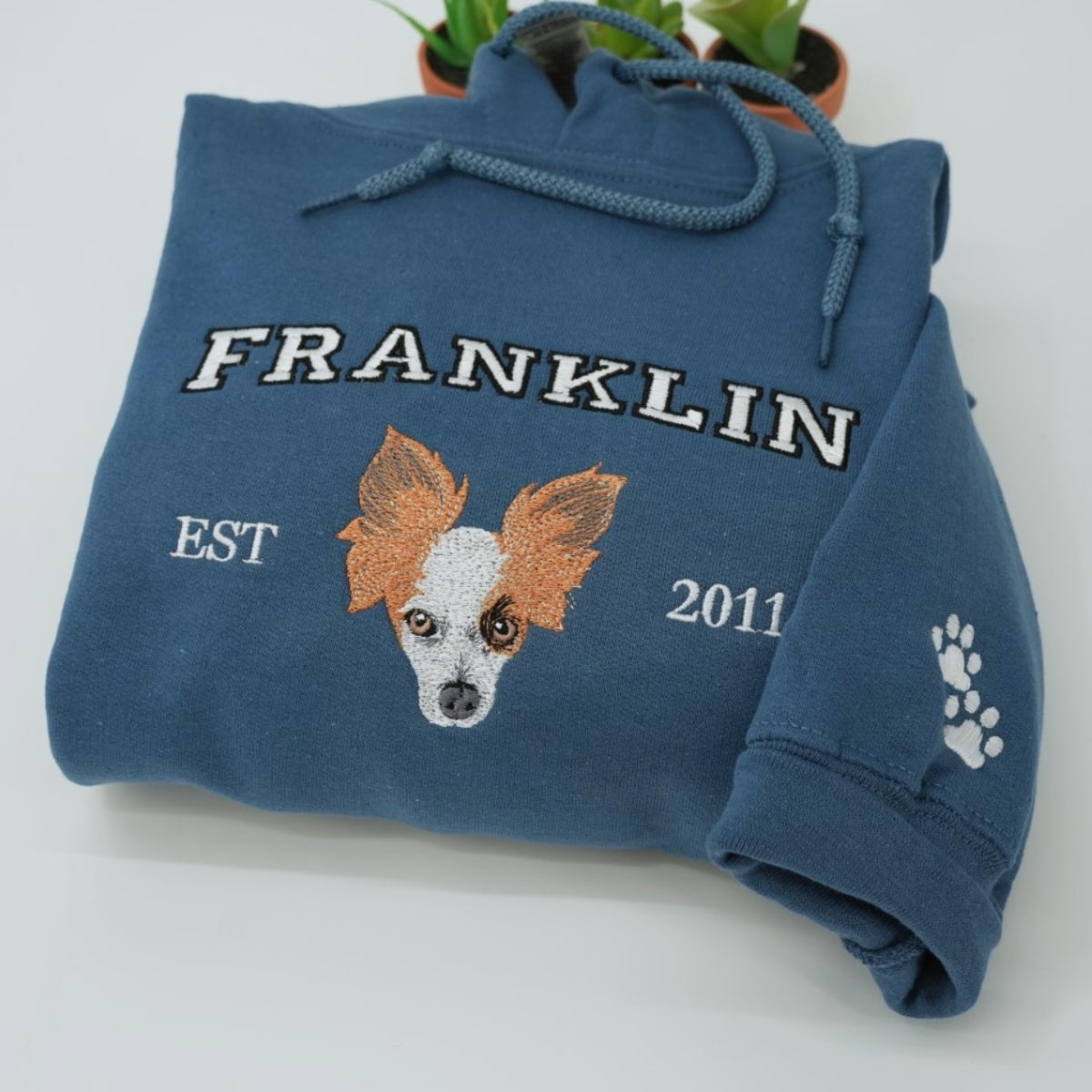 Custom Dog Portrait Embroidered Varsity Hoodie - Personalized Dog Name Sweatshirt - Dog Mom Gift