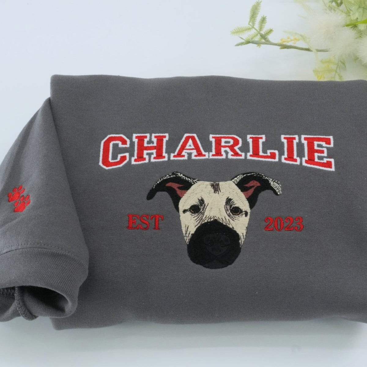 Custom Dog Portrait Embroidered Varsity Hoodie - Personalized Dog Name Sweatshirt - Dog Mom Gift