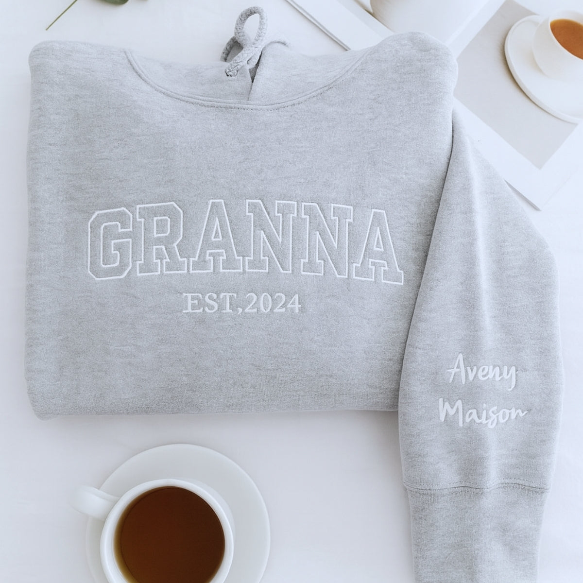 Grandma Hoodie - Grandchildren Names Custom Embroidered Sleeve - Varsity Style Personalized Gift