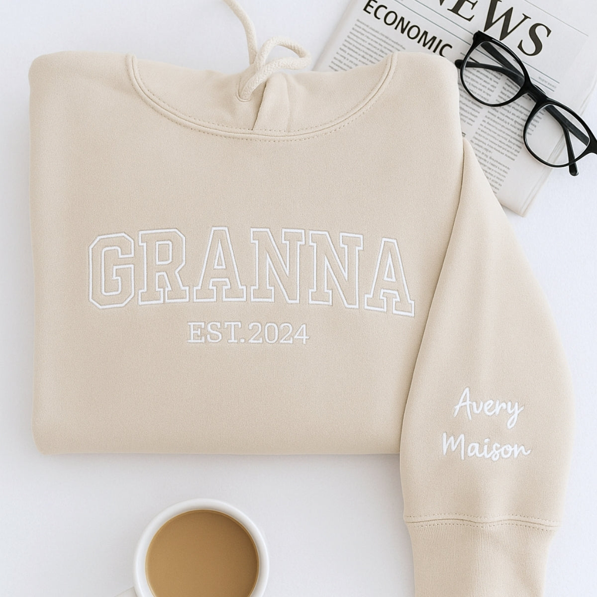 Grandma Hoodie - Grandchildren Names Custom Embroidered Sleeve - Varsity Style Personalized Gift