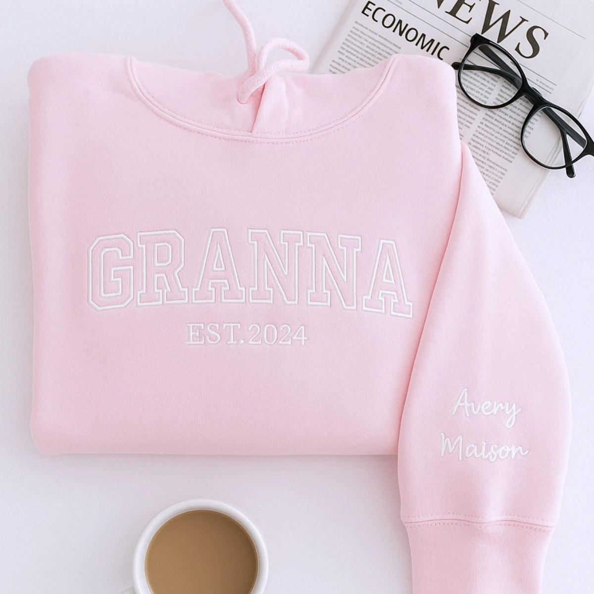 Grandma Hoodie - Grandchildren Names Custom Embroidered Sleeve - Varsity Style Personalized Gift