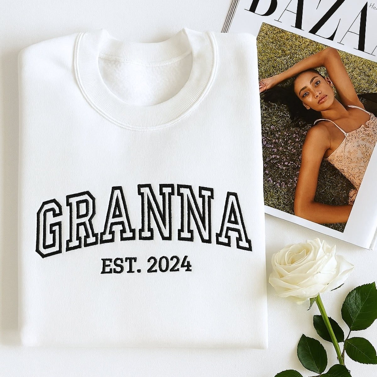 Grandma Hoodie - Grandchildren Names Custom Embroidered Sleeve - Varsity Style Personalized Gift