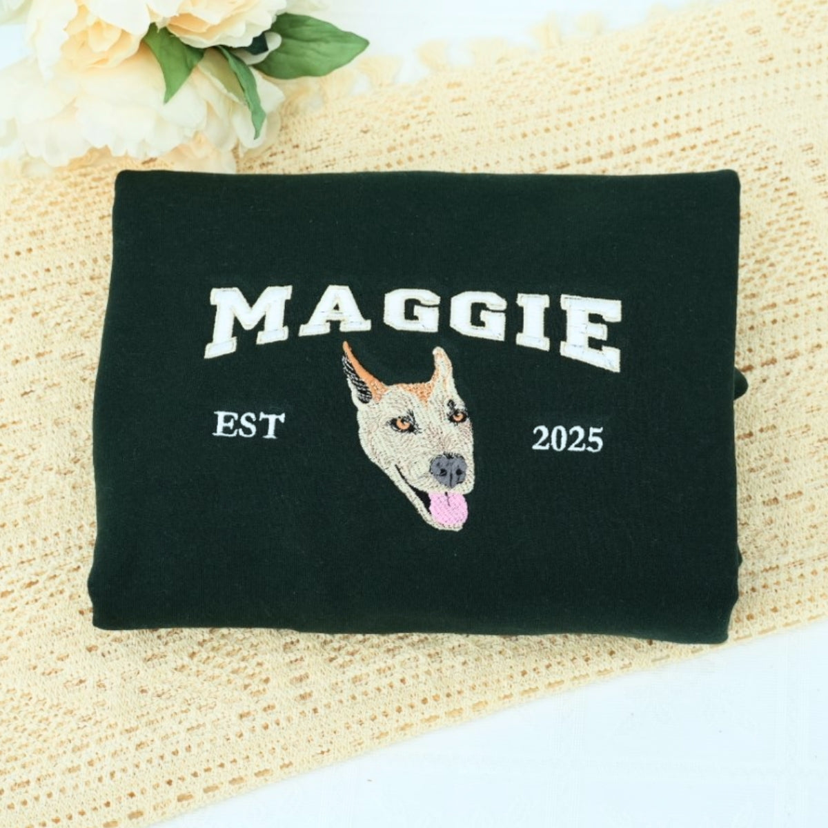 Custom Dog Portrait Varsity Embroidered Hoodie - Personalized Dog Face Sweatshirt - Pet Parent Gift