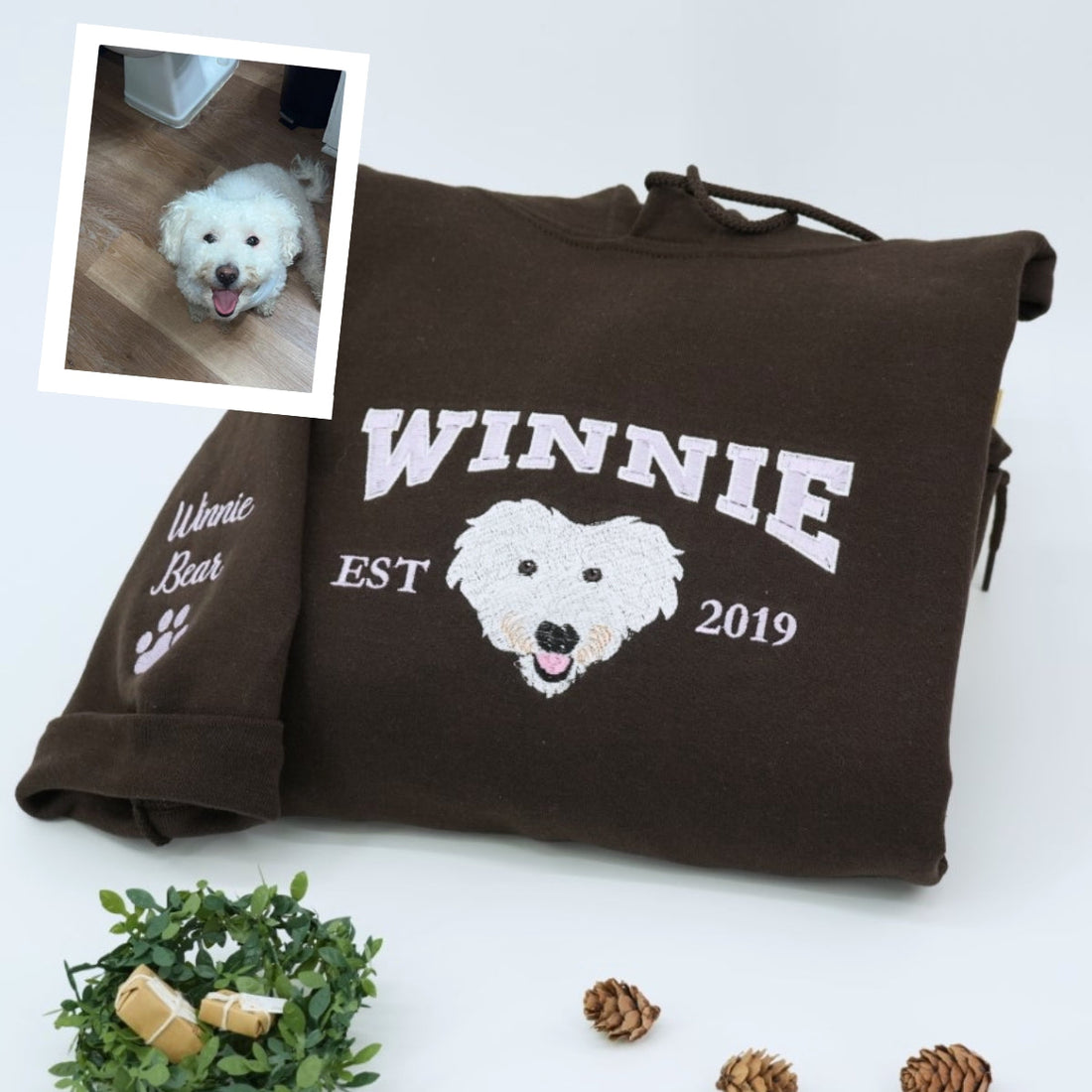 Custom Dog Portrait Varsity Embroidered Hoodie - Personalized Dog Name Sweatshirt - Dog Lover Gift